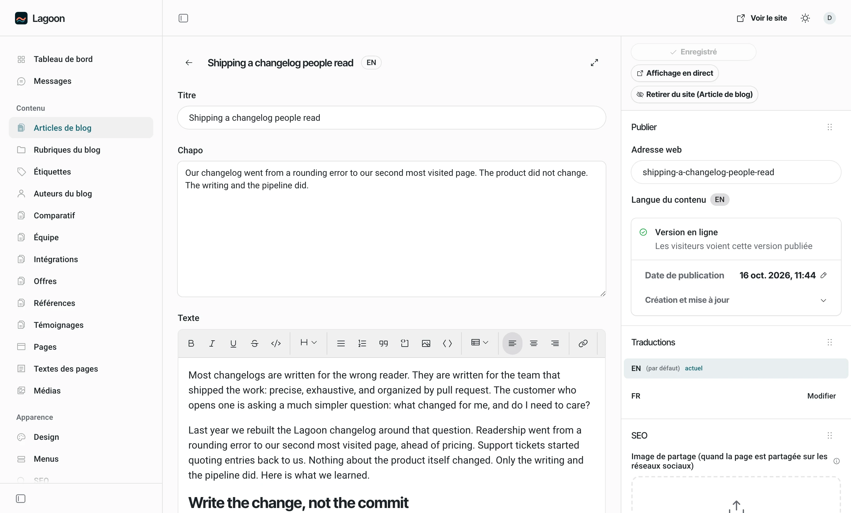 Back office EmDash de Aloha : L'éditeur de billet du blog