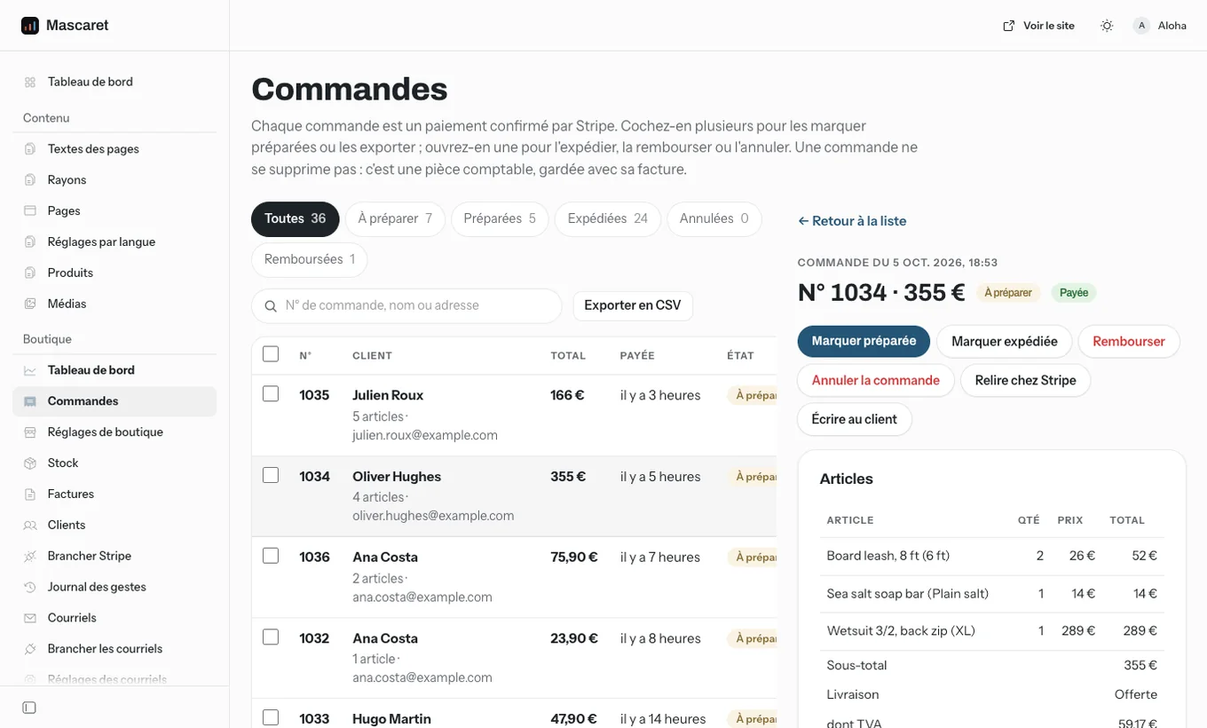 Une commande dans le back office de Kai : articles, total, et les boutons Marquer préparée, Marquer expédiée, Rembourser, Annuler la commande et Relire chez Stripe