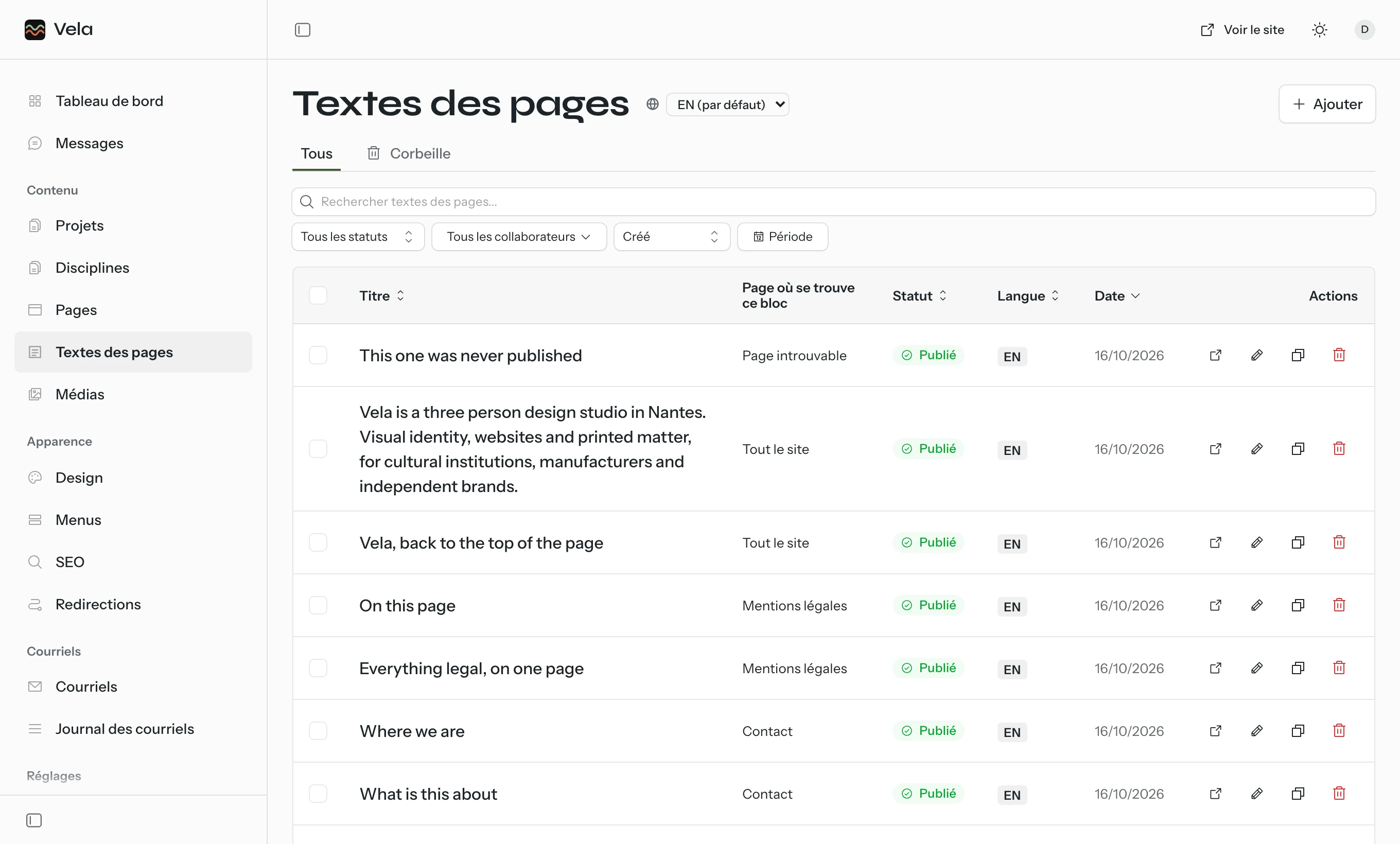 Back office EmDash de Koa : Les textes des pages