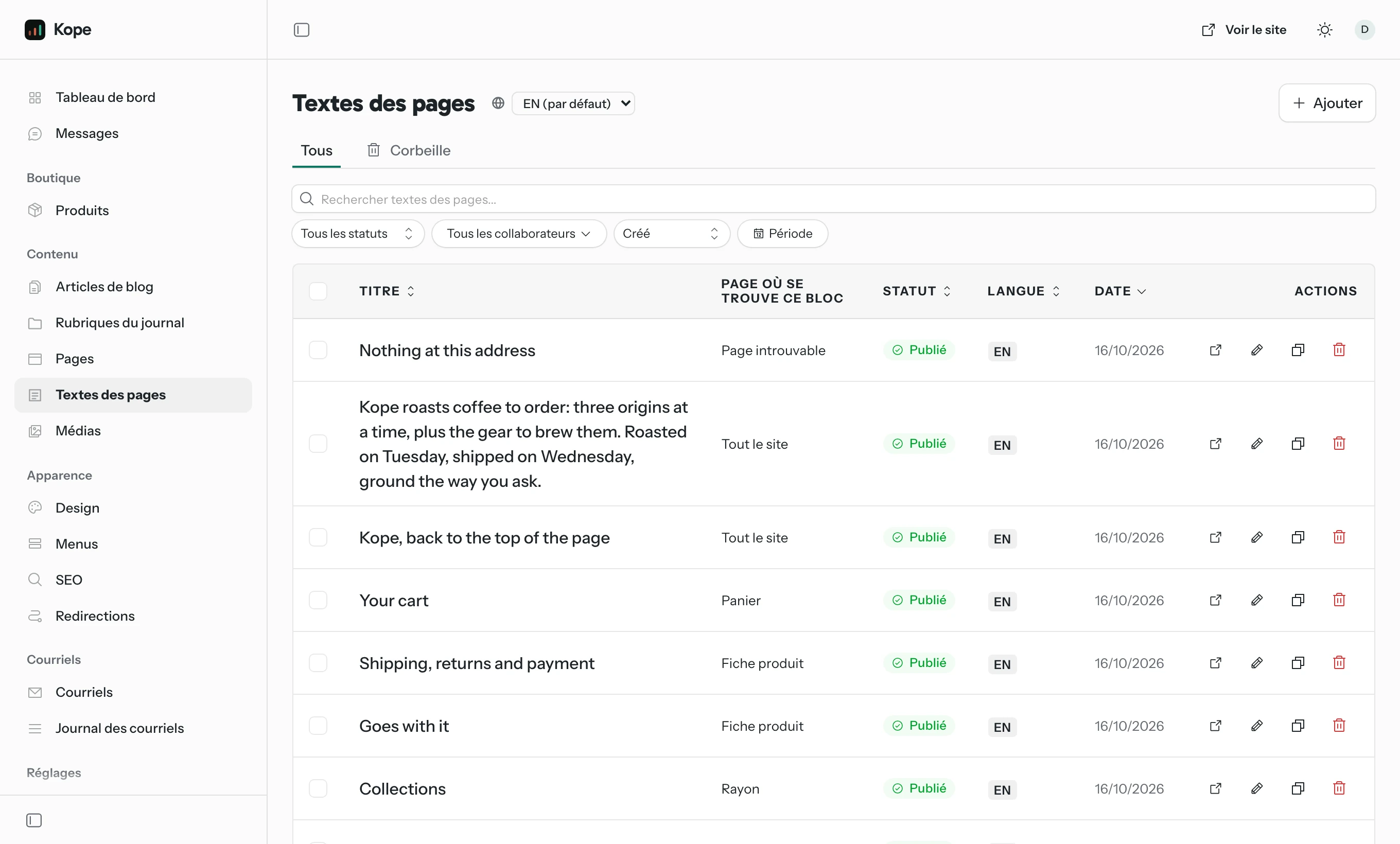 Back office EmDash de Kona : Les textes des pages