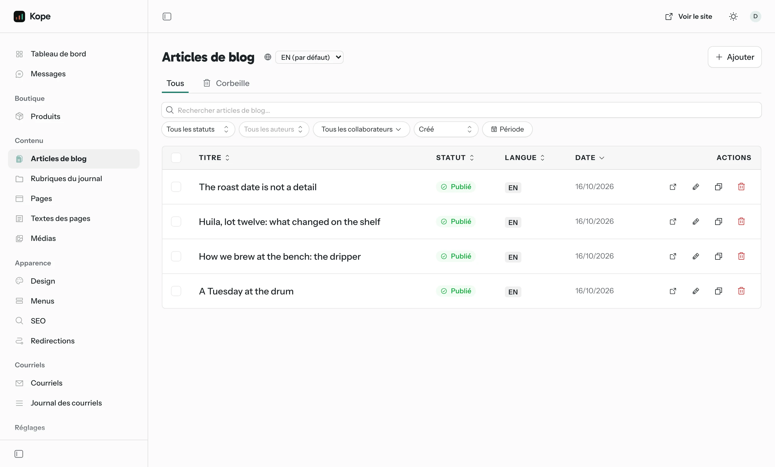 Back office EmDash de Kona : Les notes du journal