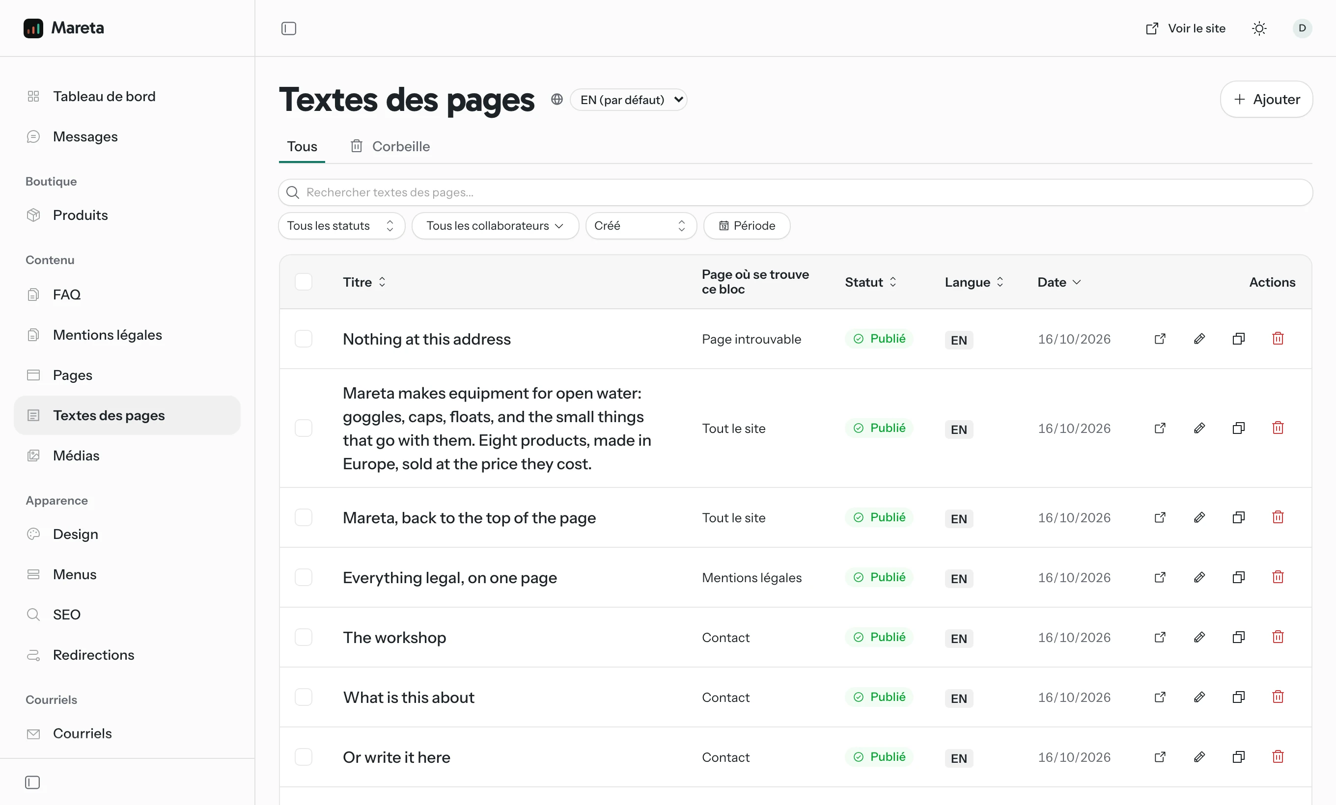 Back office EmDash de Nalu : Les textes des pages