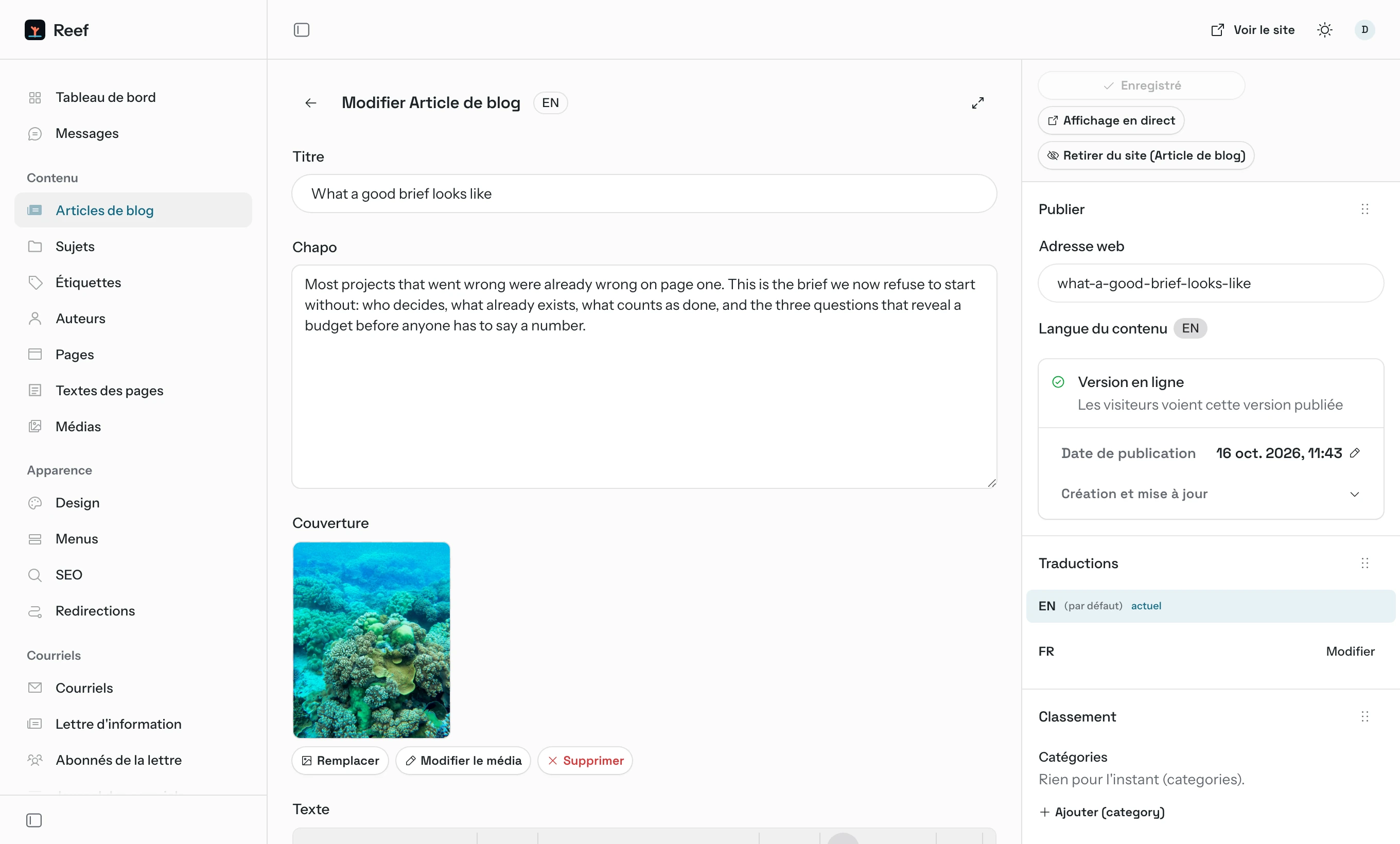 Back office EmDash de Reef : L'éditeur d'article