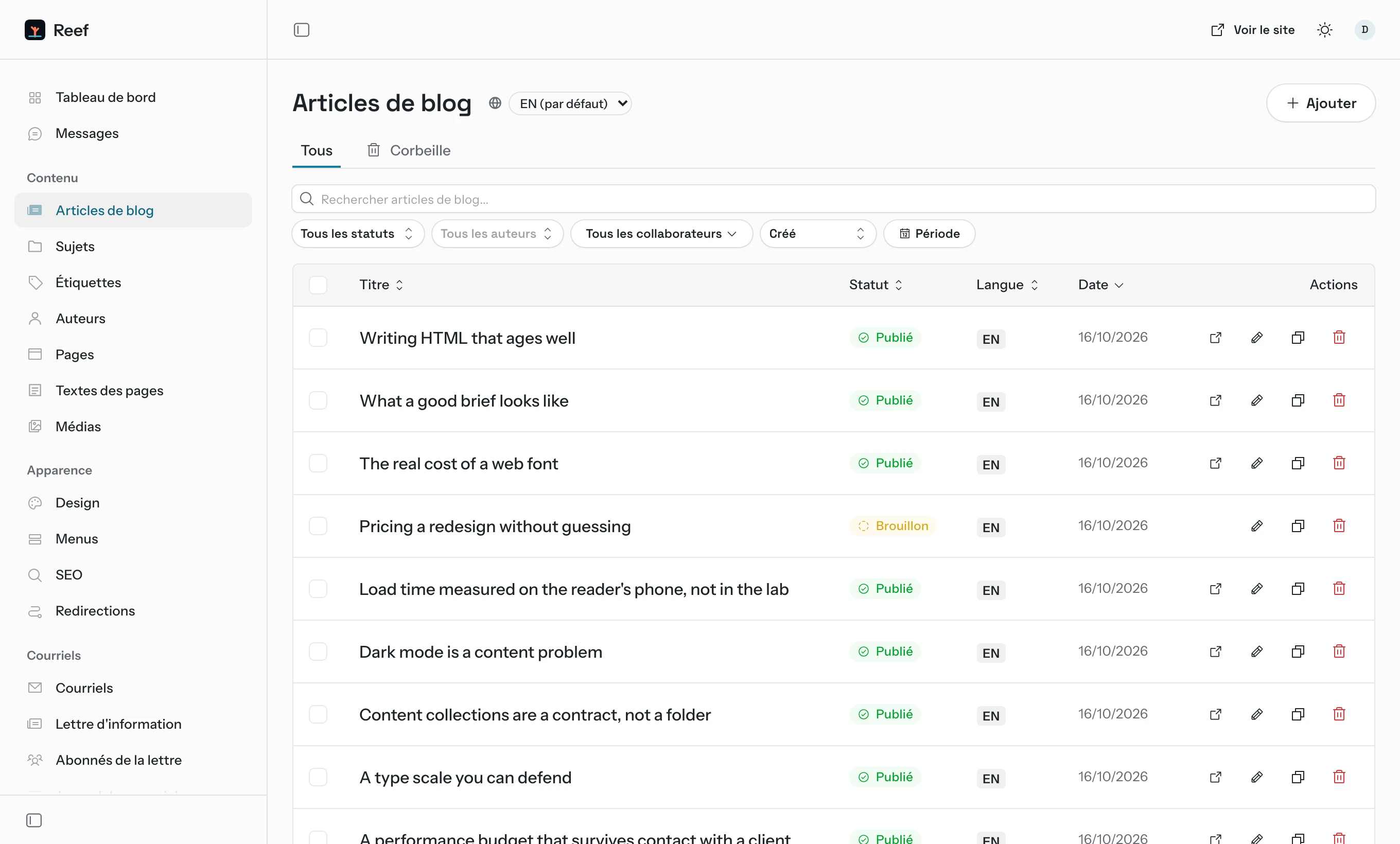 Back office EmDash de Reef : Les articles et leurs brouillons