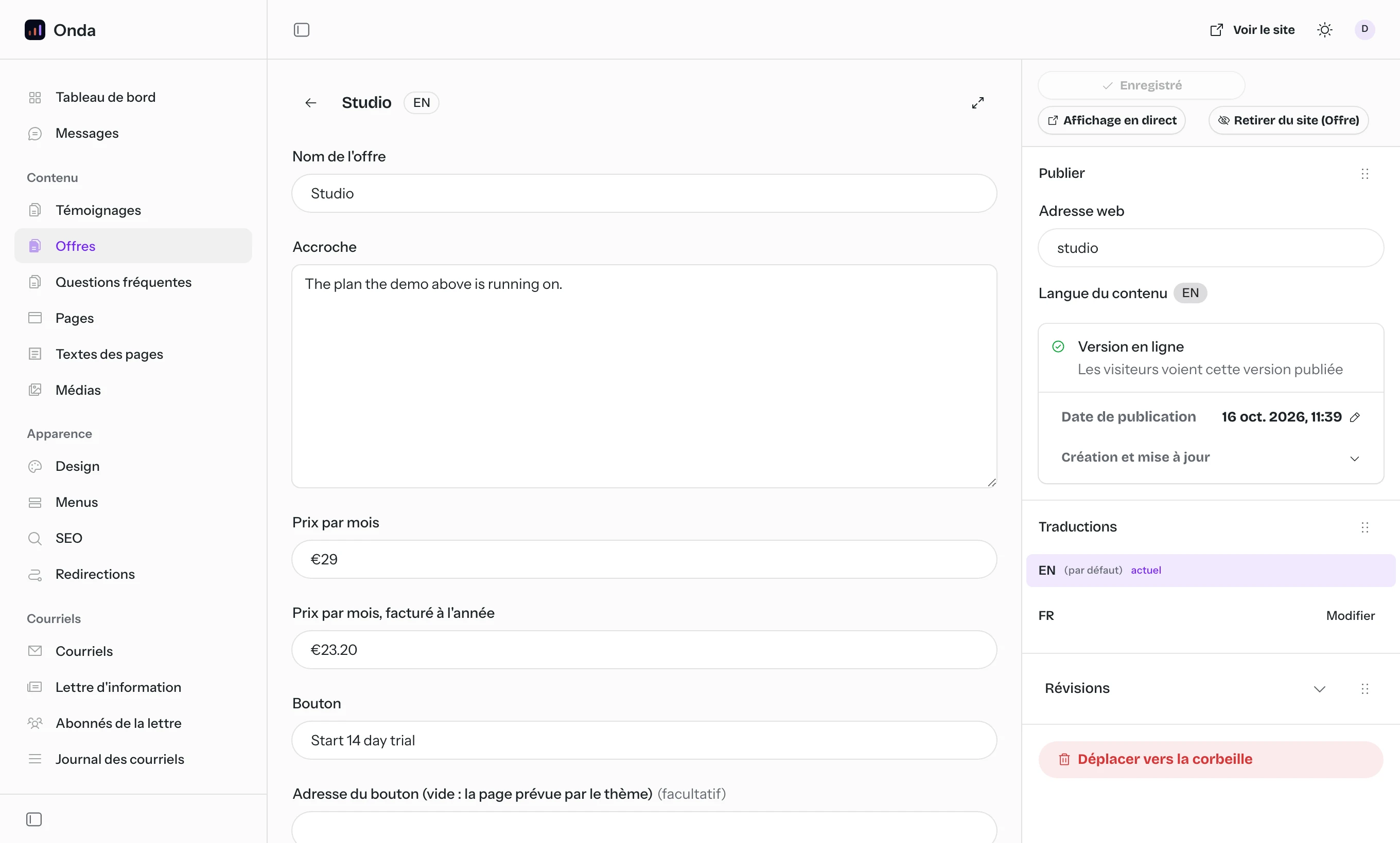 Back office EmDash de Swell : Une offre et son prix