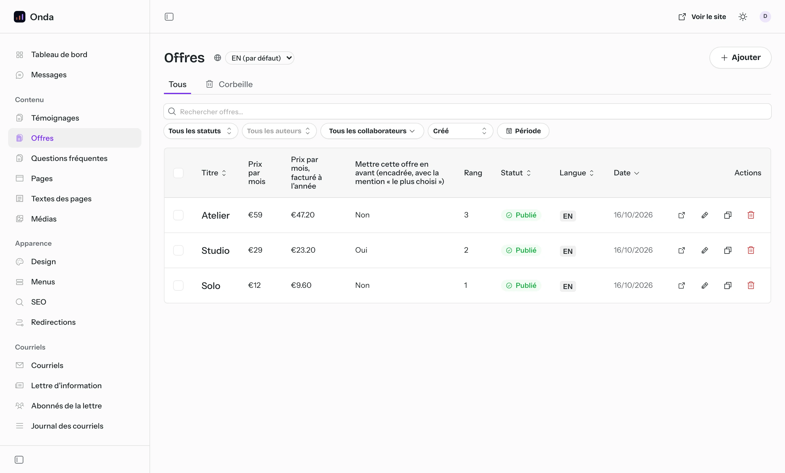 Back office EmDash de Swell : Les trois offres