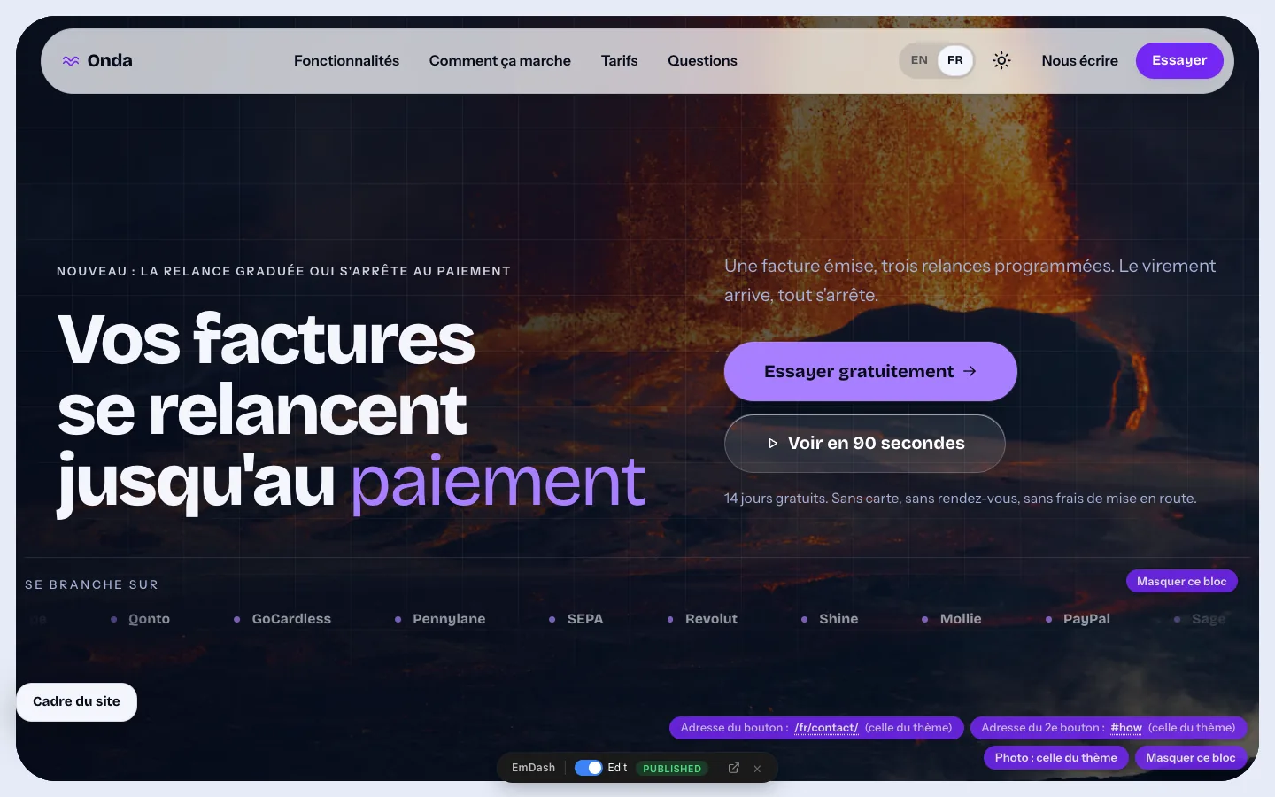 L'accueil de la démo de Swell en mode édition : la barre EmDash en bas, des pastilles sur les blocs pour les adresses des boutons, la photo et le masquage, et le panneau « Cadre du site » en bas à gauche